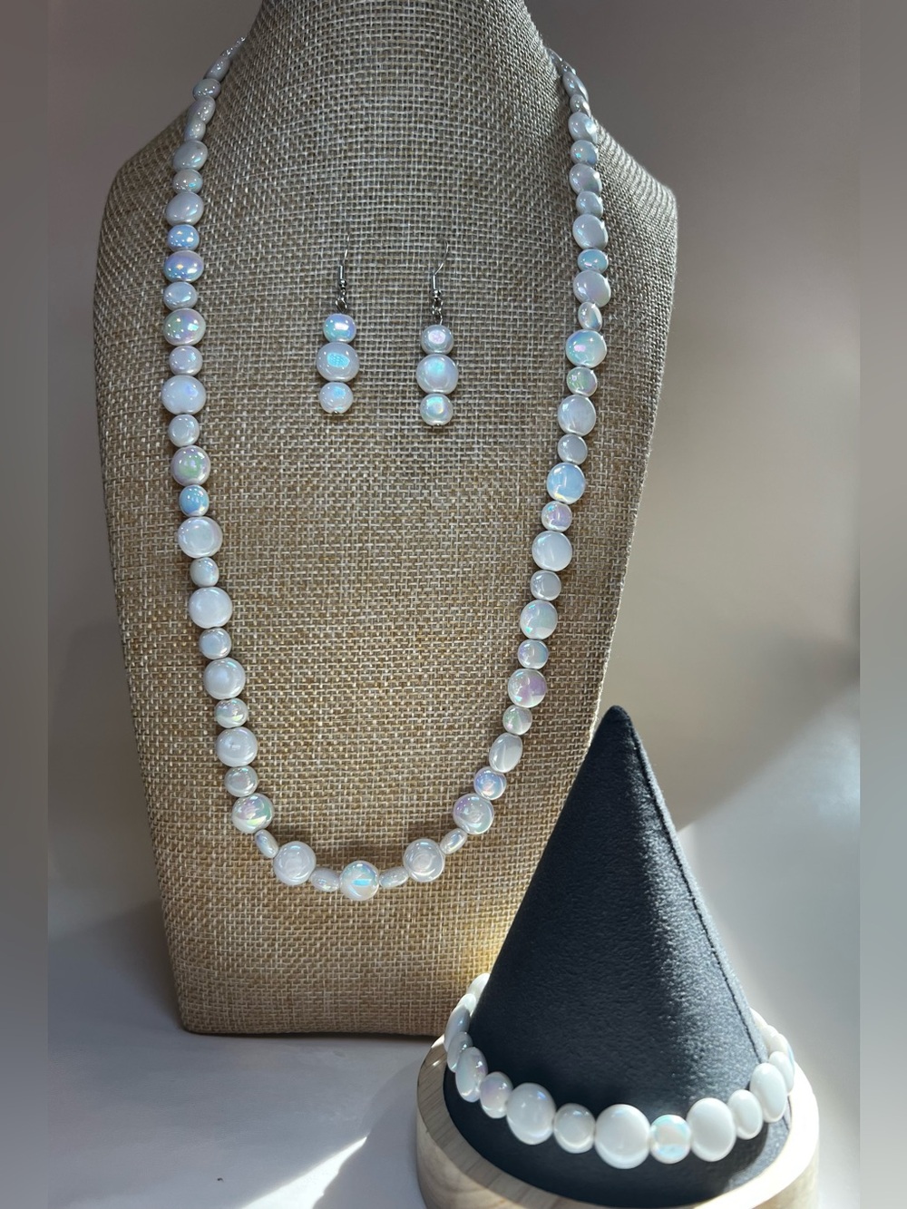 Iridescent white coin pearl matching jewelry set .925 stamped danggling earrings